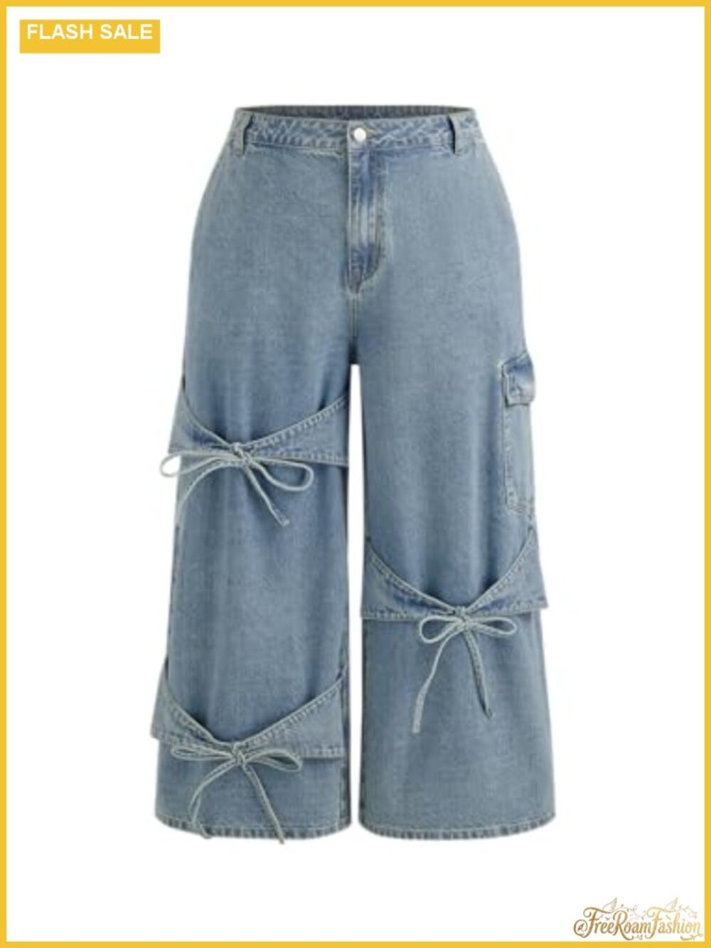 Wide Leg Baggy Bow Jeans Women Low Waisted Denim Pants Cotton